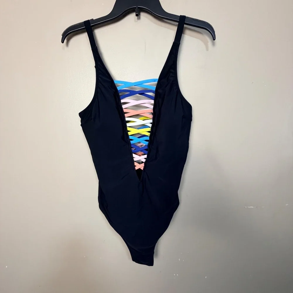 Women One Piece Swimsuit Large Black Rainbow Lattice V-Neck Strappy